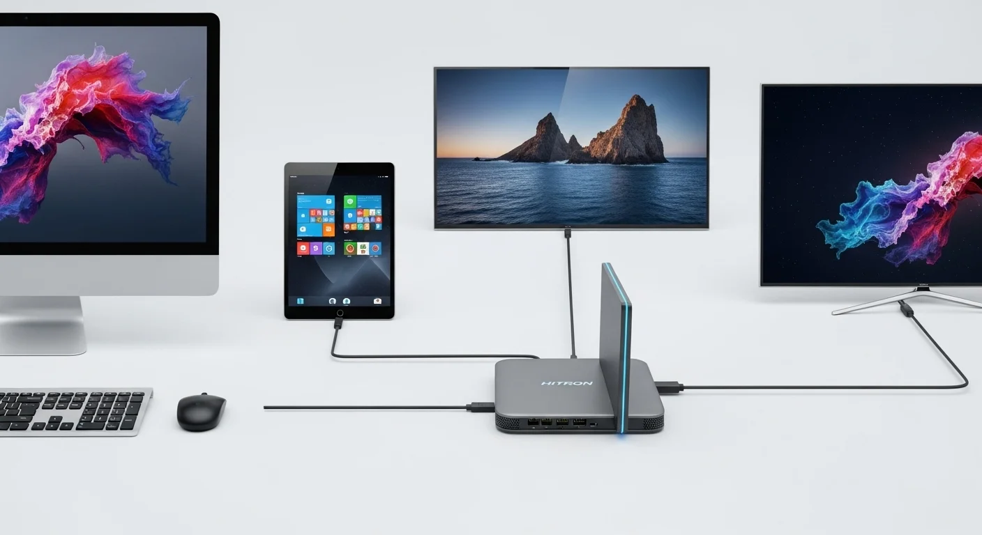 Un ecosistema de dispositivos tecnológicos, incluyendo una computadora, tablet y smart TV, todos conectados a un modem Hitron central.