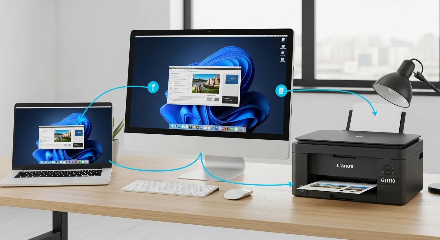 Un ecosistema de oficina con computadoras, monitor, y una impresora Canon G1110, destacando la conectividad.