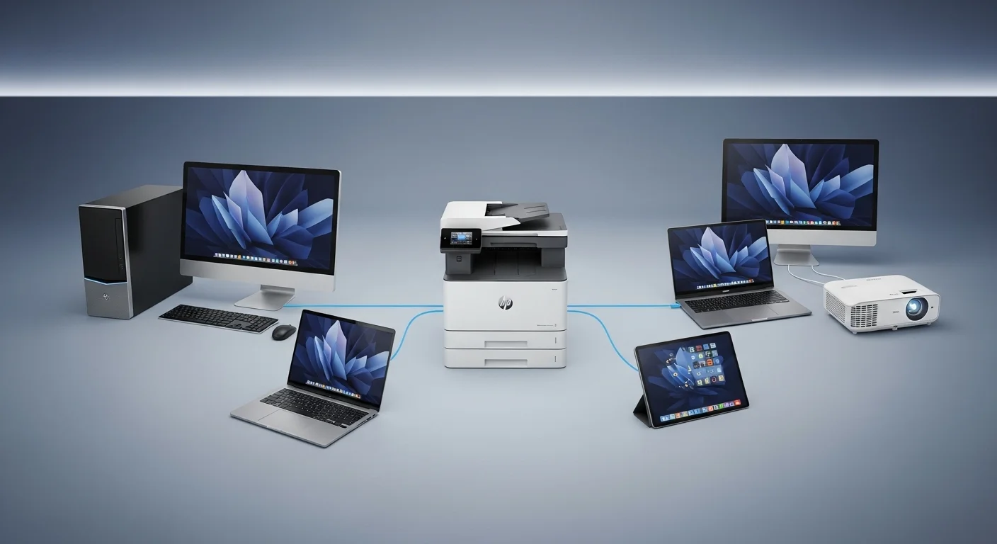 Varios dispositivos tecnológicos como una computadora de escritorio, laptop, tablet y proyector conectados en red con una impresora HP, simbolizando un ecosistema de oficina conectado.