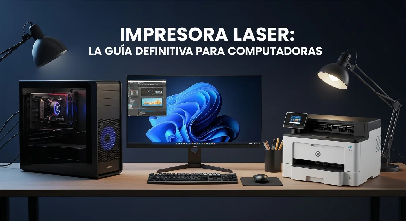 Un escritorio de trabajo con una computadora de alto rendimiento, un monitor profesional y una impresora laser compacta, mostrando la sinergia de la tecnología.