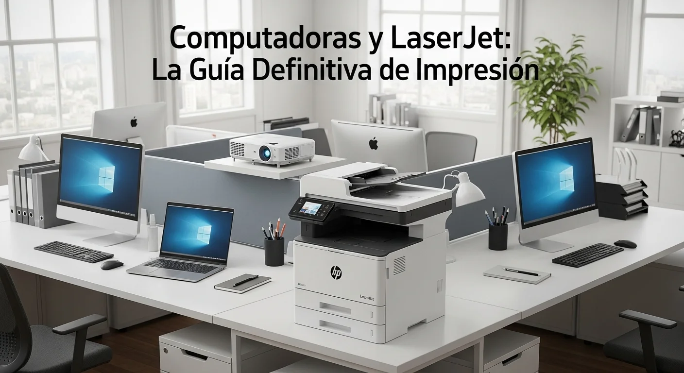 Una oficina con varios dispositivos tecnológicos como computadoras, laptops, proyectores y una impresora LaserJet en red, simbolizando un ecosistema conectado.