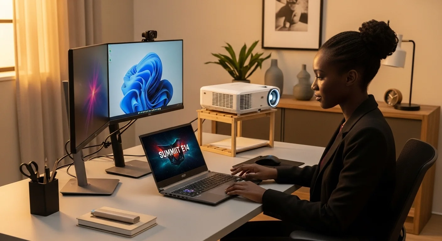 Un profesional utilizando una computadora MSI Summit E14 conectada a un monitor externo, un proyector y otros accesorios de oficina.
