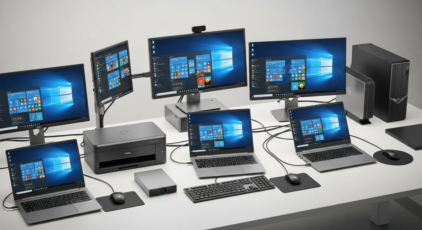 Varias computadoras Dell Vostro conectadas a monitores y accesorios, demostrando un ecosistema tecnológico completo.