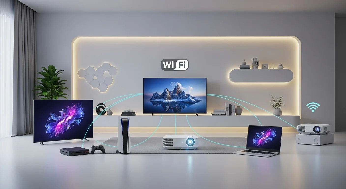 Un ambiente de hogar moderno con varios dispositivos tecnológicos como una Smart TV, una consola de juegos, una laptop y un proyector, todos conectados a una red Wi-Fi.