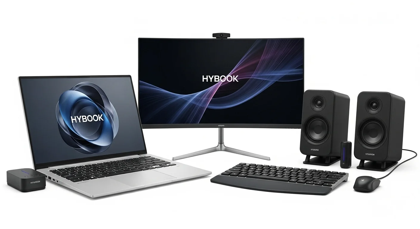 Colección de productos tecnológicos Hyundai, incluyendo una laptop Hybook, monitor, bocinas y otros accesorios.