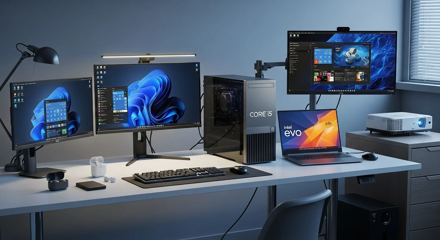 Un escritorio de oficina moderno con un desktop Intel Core i5, un portátil Intel Evo, monitores, proyector y otros accesorios tecnológicos.