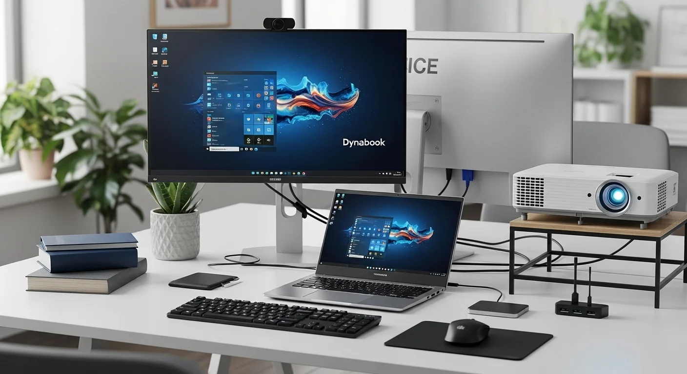 Un setup de oficina moderno con una laptop Toshiba Dynabook conectada a un monitor externo, proyector y otros accesorios tecnológicos.