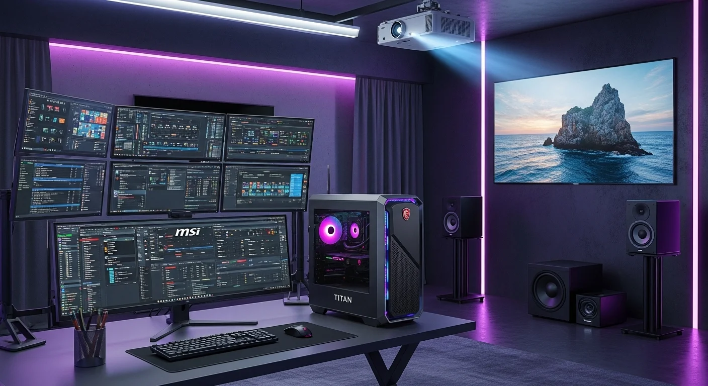 Un setup de trabajo con una computadora MSI Titan conectada a múltiples monitores, un proyector y bocinas, demostrando su capacidad como centro neurálgico tecnológico.