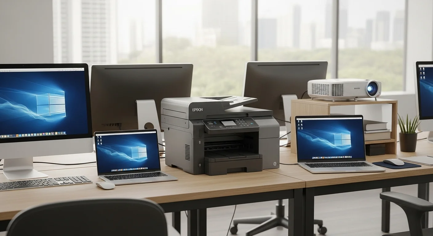 Oficina moderna con computadoras, laptops, una impresora de red y un proyector, mostrando un ecosistema tecnológico integrado.
