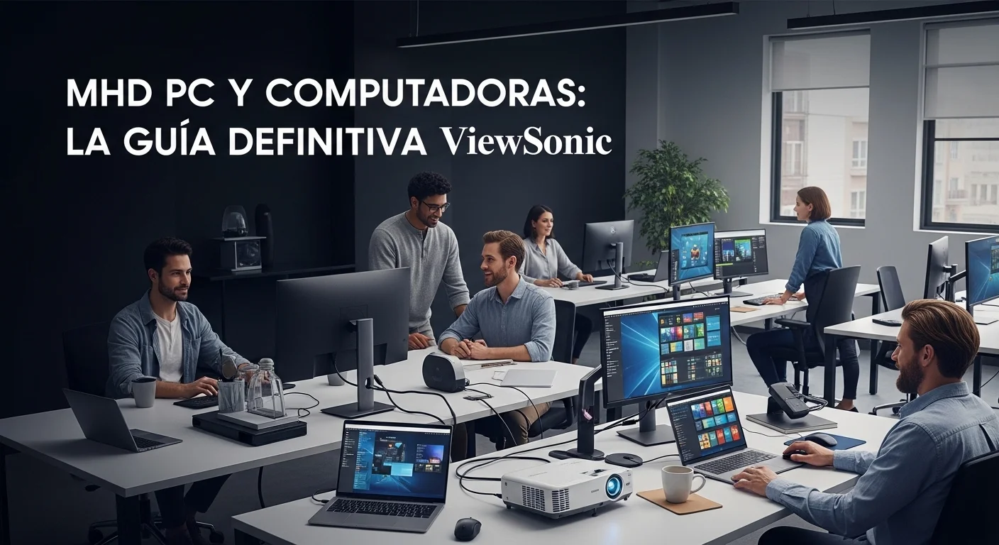 Un entorno de oficina moderno con computadoras, una impresora en red, un proyector y otros accesorios tecnológicos interconectados.