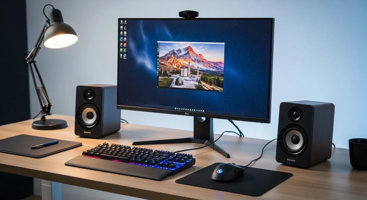 Un escritorio con múltiples periféricos de alta gama: teclado mecánico, monitor 4K y bocinas, demostrando un ecosistema tecnológico completo.