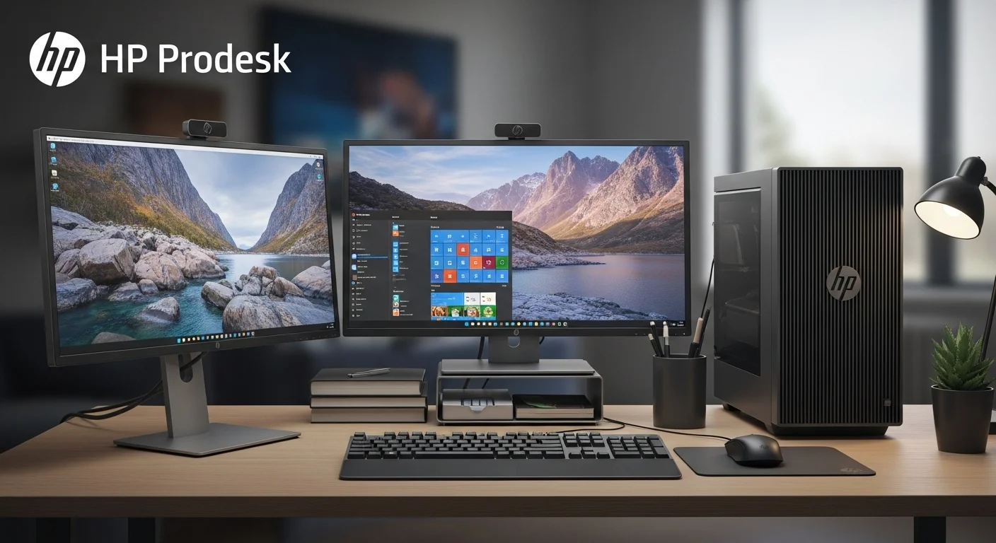 Un escritorio de trabajo completo con una computadora Prodesk, monitores HP, teclado y ratón, mostrando el ecosistema tecnológico.