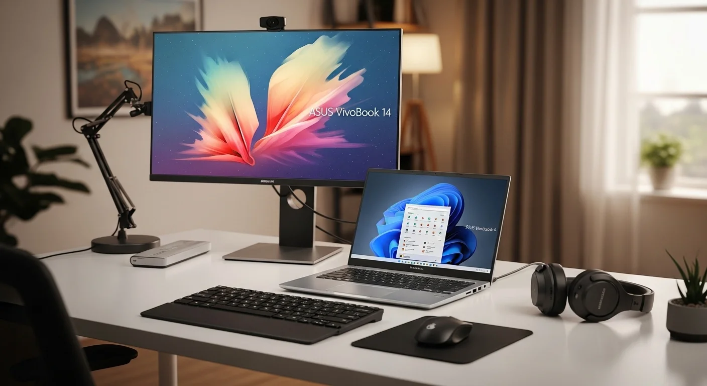 Un escritorio de trabajo con una laptop ASUS Vivobook 14 conectada a un monitor externo, con un ratón, un teclado y unos auriculares, mostrando un ecosistema de accesorios tecnológicos.