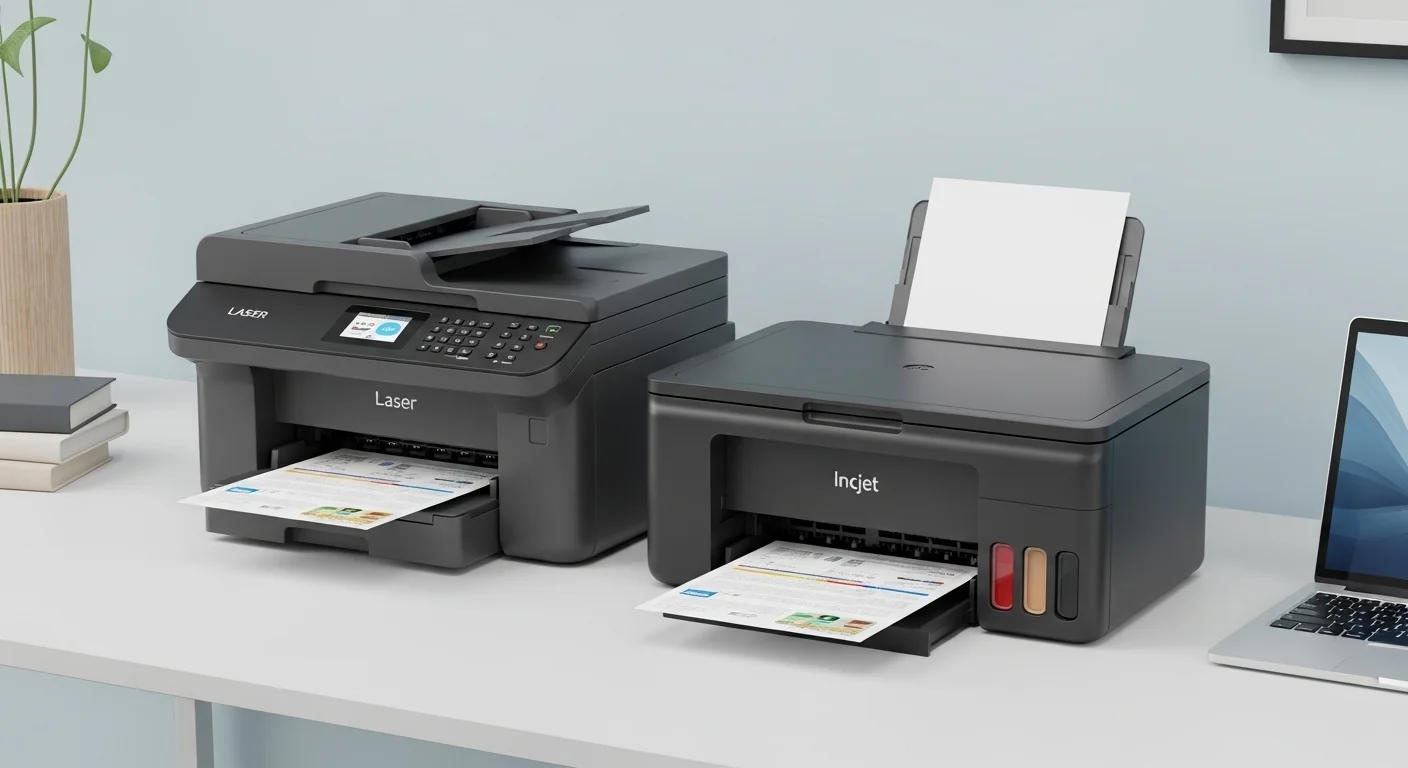Comparativa visual entre una impresora láser barata y una impresora de inyección de tinta, dos opciones populares de impresoras baratas.