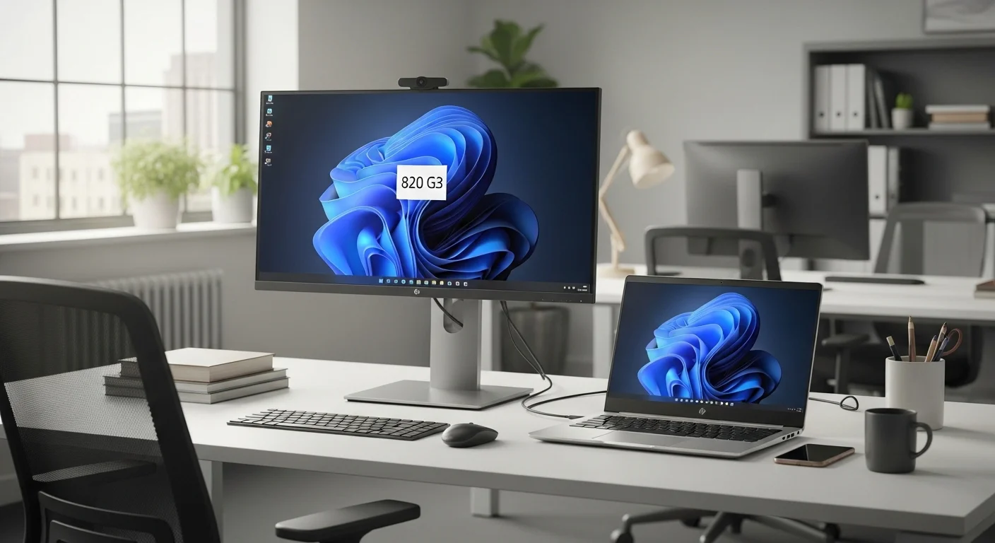 Un escritorio de oficina con una computadora HP 820 G3 conectada a un monitor externo, mostrando un entorno de trabajo productivo.