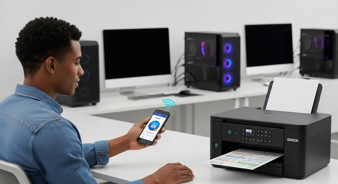 Una persona utilizando la aplicación Epson iPrint en un smartphone para enviar un documento a la impresora Epson EcoTank L5190 de forma inalámbrica, con computadoras de fondo.