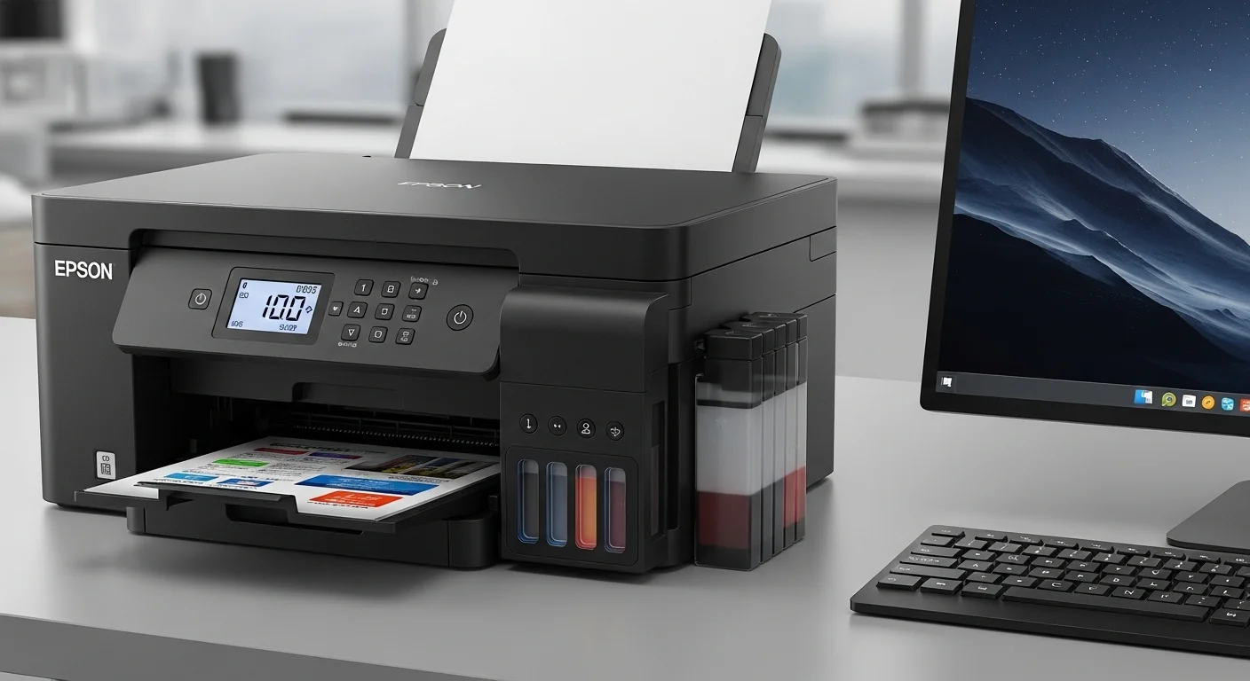 Panel de control y tanques de tinta de la Epson L375, simbolizando su conexión con computadoras y la economía de su tinta.