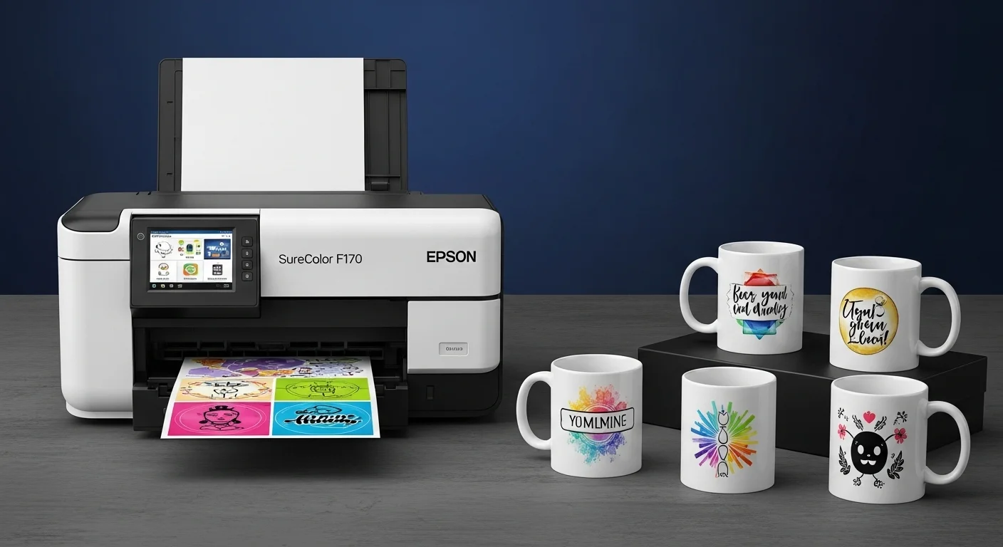 Una impresora Epson SureColor F170 especializada en sublimación junto a tazas personalizadas con colores vibrantes, demostrando el uso creativo.