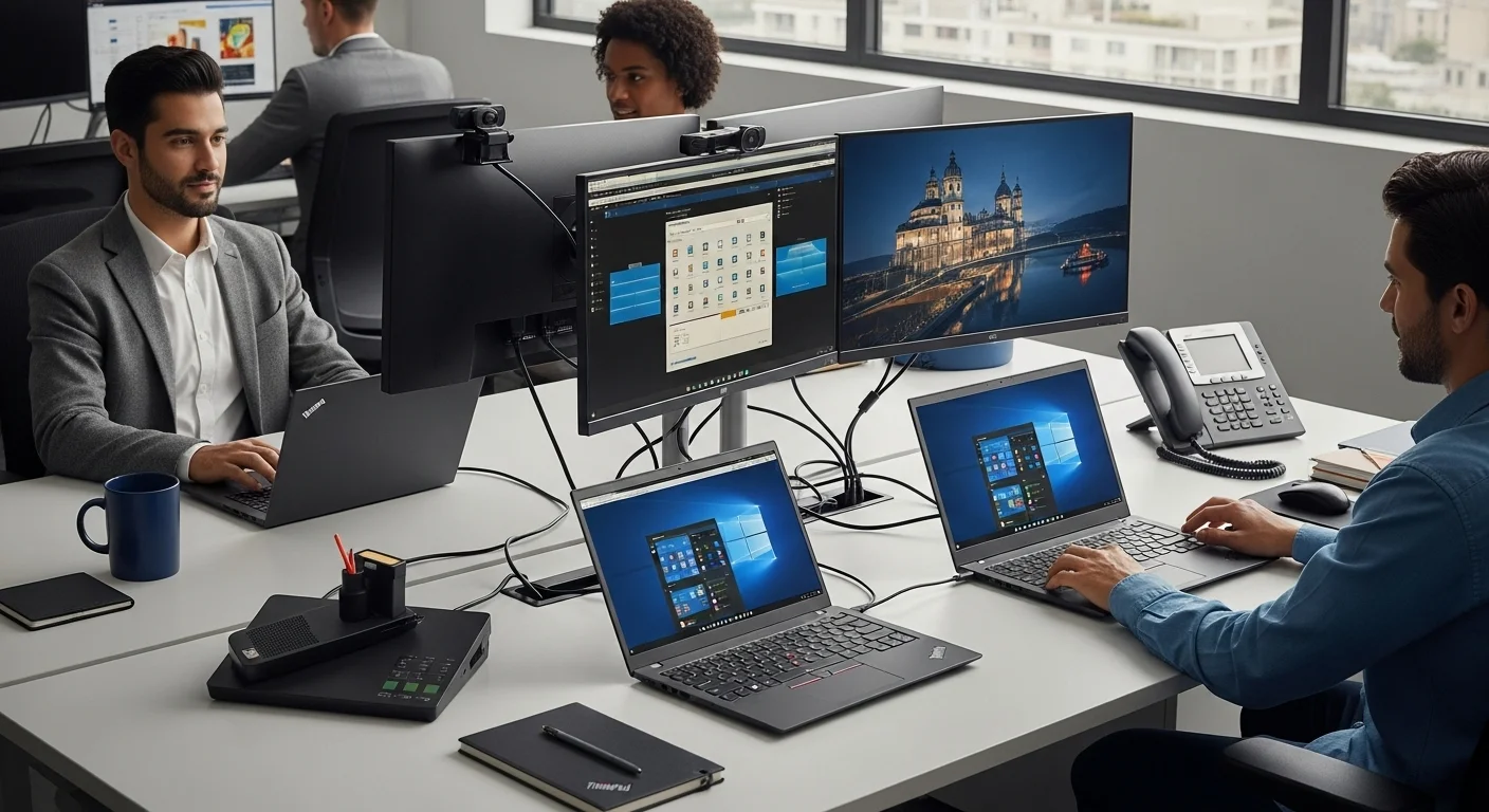 Ambiente de oficina moderno con computadoras Lenovo L14, monitores externos, docks y otros accesorios de productividad.
