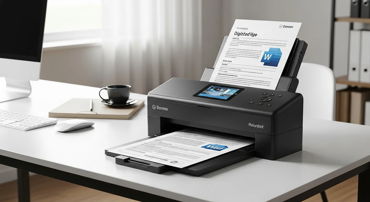 Un escáner de oficina profesional digitalizando documentos para su posterior conversión de PDF a Word.