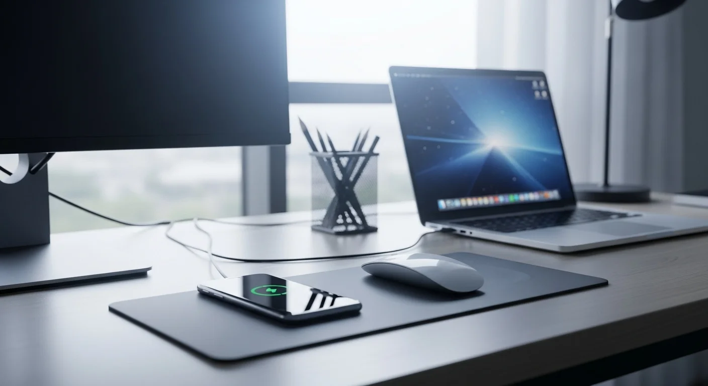 Un escritorio de oficina limpio con un mouse pad con cargador inalámbrico, un smartphone cargándose y una computadora portátil conectada a un monitor.