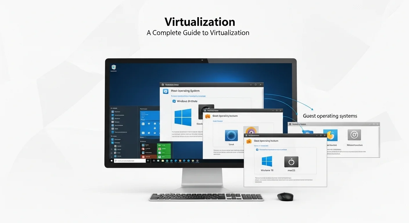 Diagrama explicando el concepto de virtualización con un sistema operativo anfitrión y sistemas operativos invitados en VirtualBox.