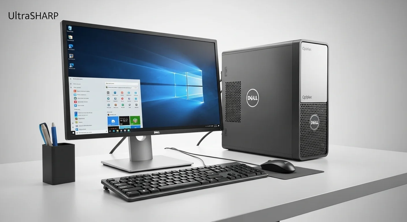 Una estación de trabajo moderna con un monitor Dell UltraSharp, teclado y ratón, todo conectado a una computadora dell optiplex i5, destacando un ecosistema de productividad.
