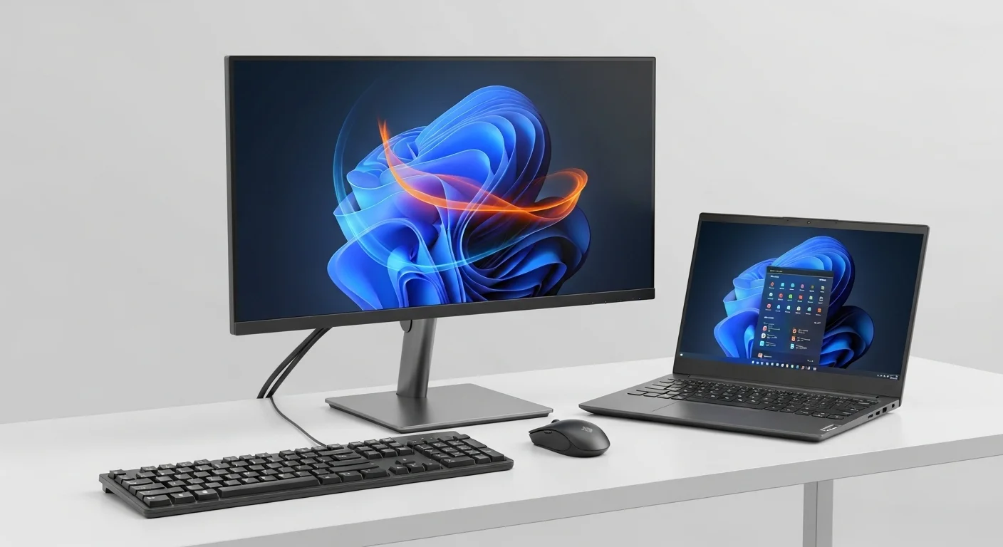 Una estación de trabajo completa con una laptop Lenovo Core i3 conectada a un monitor externo, teclado y ratón ergonómicos, destacando la productividad.