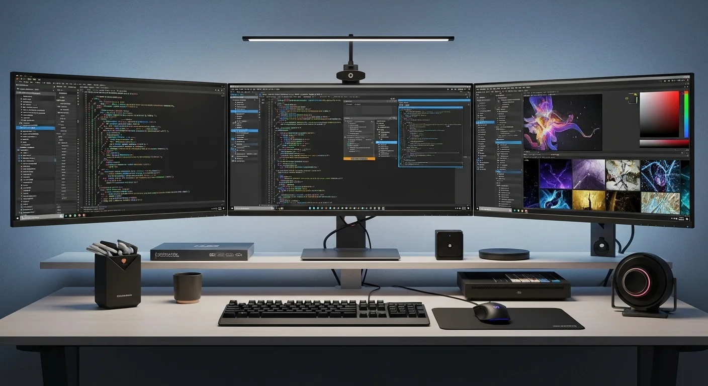 Una estación de trabajo profesional con múltiples monitores 1440p mostrando código de programación y gráficos de diseño, optimizada para la productividad.