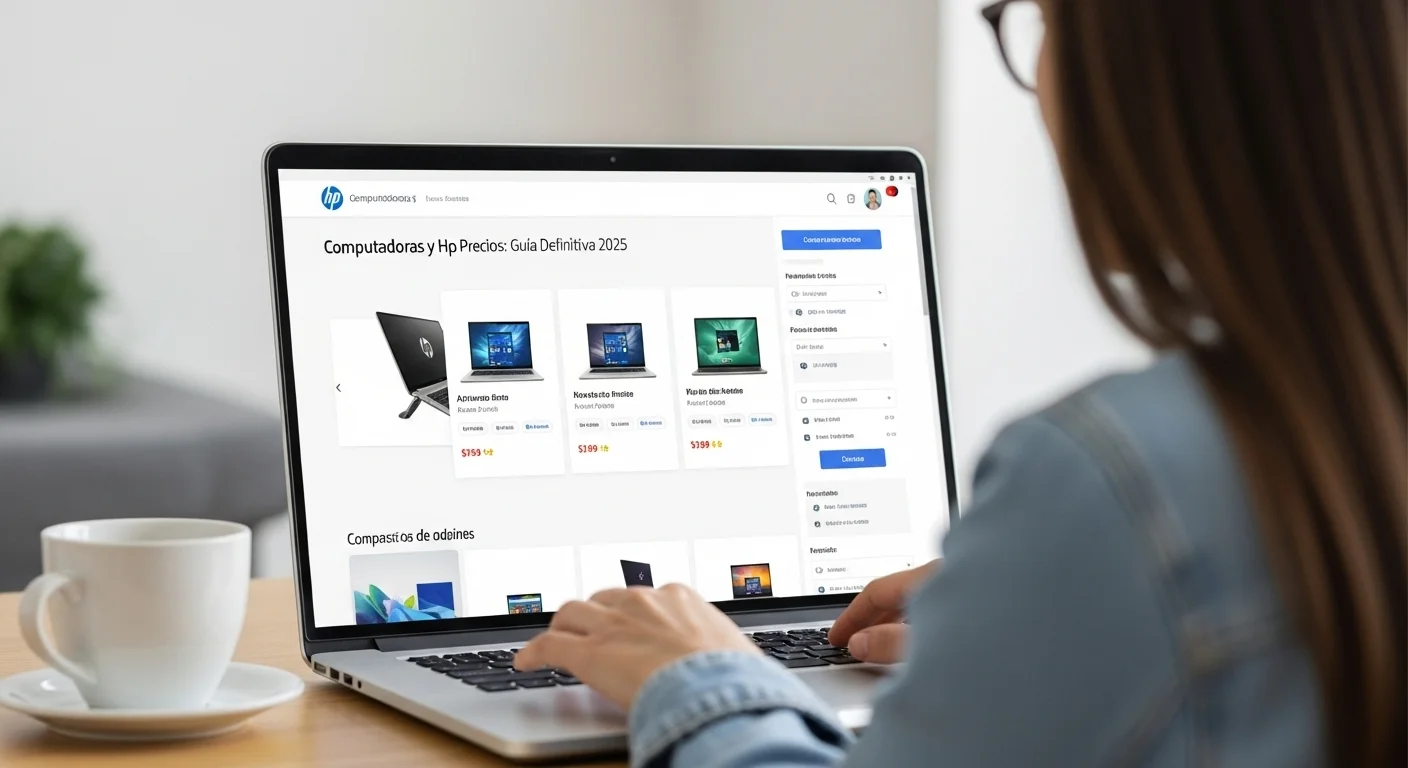Persona comparando precios de laptops HP en una tienda online, ilustrando las estrategias de compra.