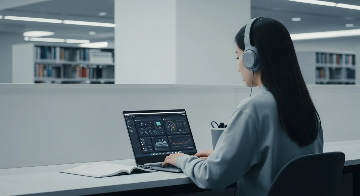 Estudiante universitario trabajando con una de las mejores laptops para estudiantes 2025 en una biblioteca