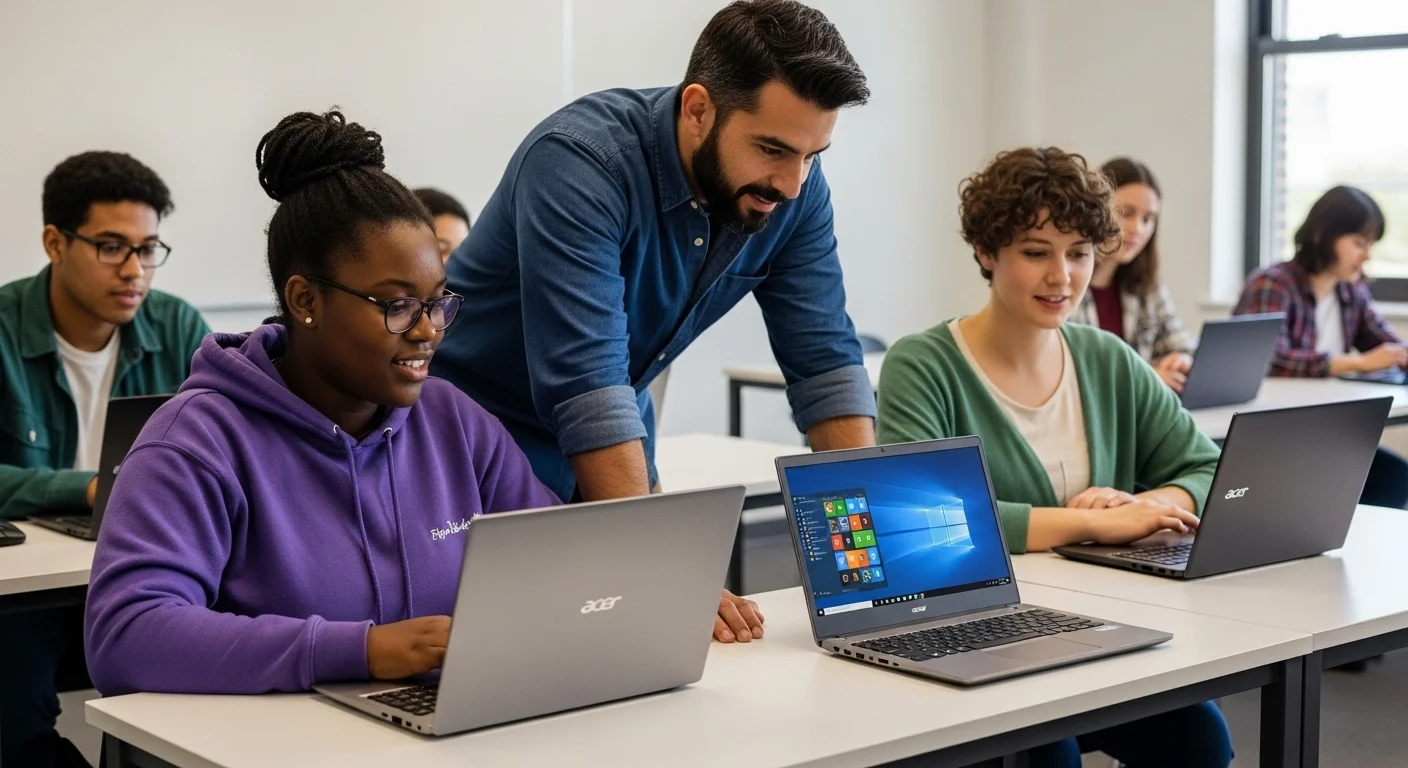 Grupo de estudiantes colaborando en un aula utilizando las robustas computadoras portátiles Acer Travelmate B3.