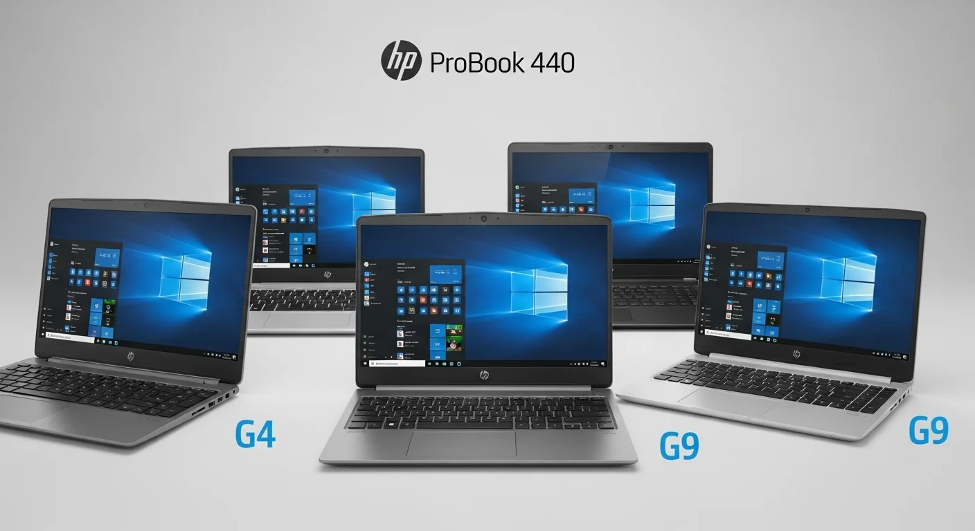 Una composición de varias generaciones de computadoras HP ProBook 440, desde el G4 hasta el G9, mostrando la evolución del diseño.