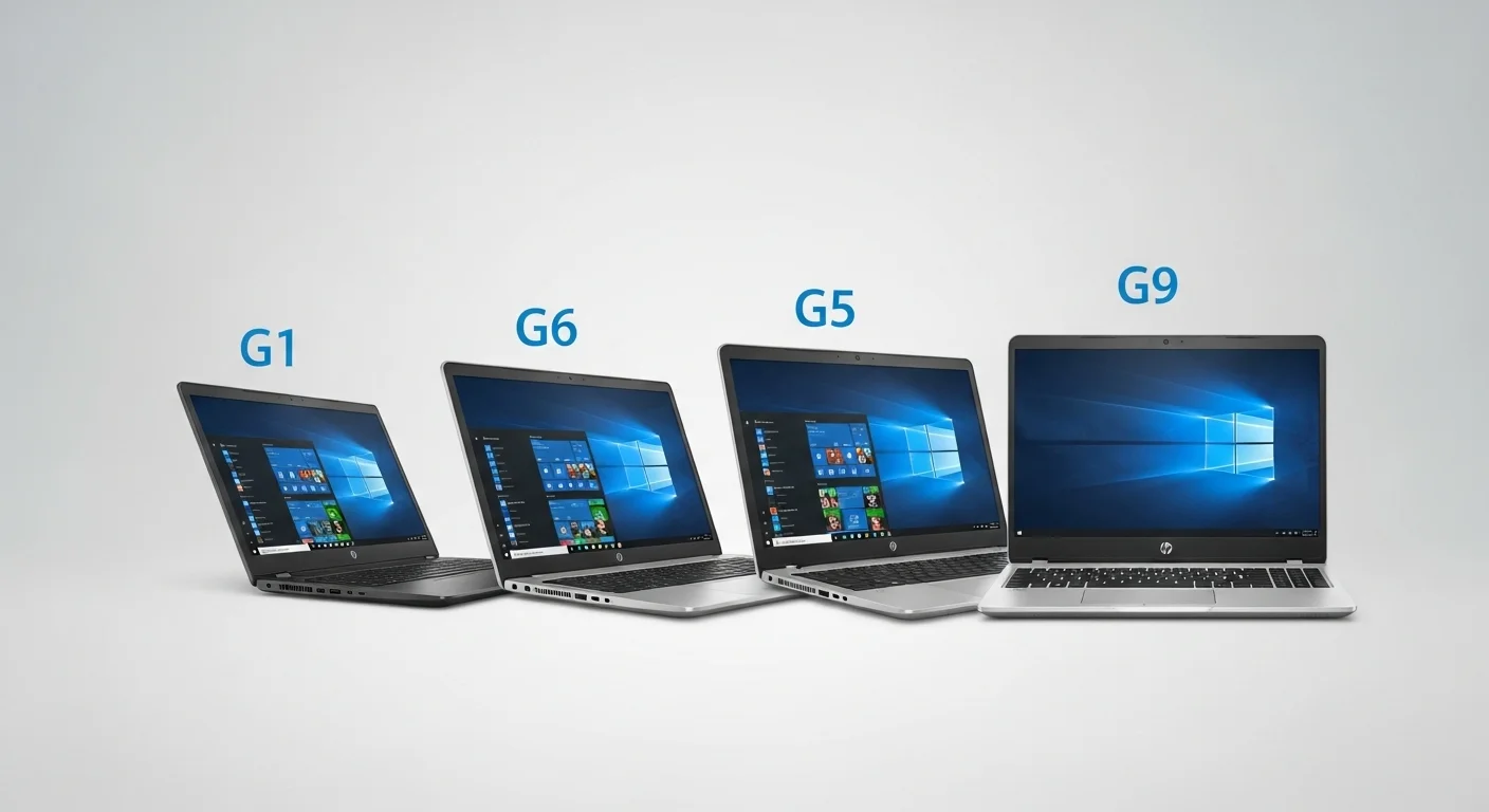 Una composición de varias generaciones de computadoras HP ProBook 450, mostrando la evolución del diseño desde el G1 hasta el G9.