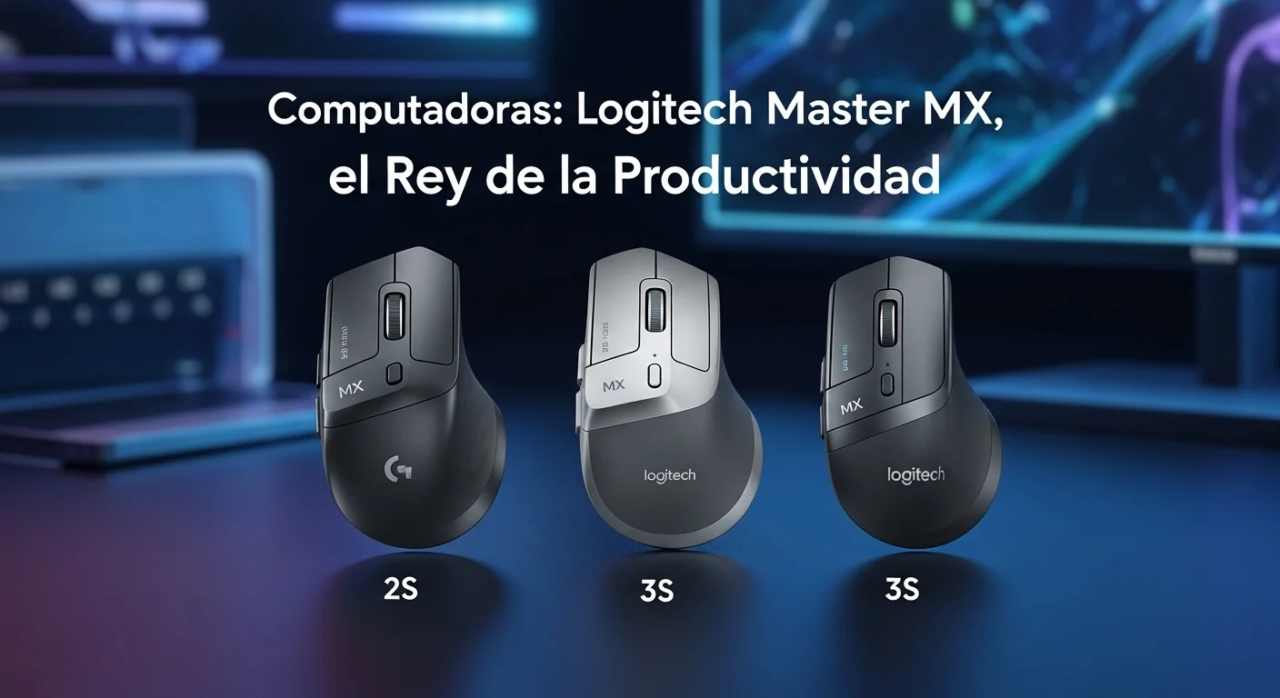 Línea de tiempo visual mostrando la evolución de los ratones de la serie Logitech MX Master, desde el 2S hasta el 3S, sobre un fondo tecnológico de computadoras.