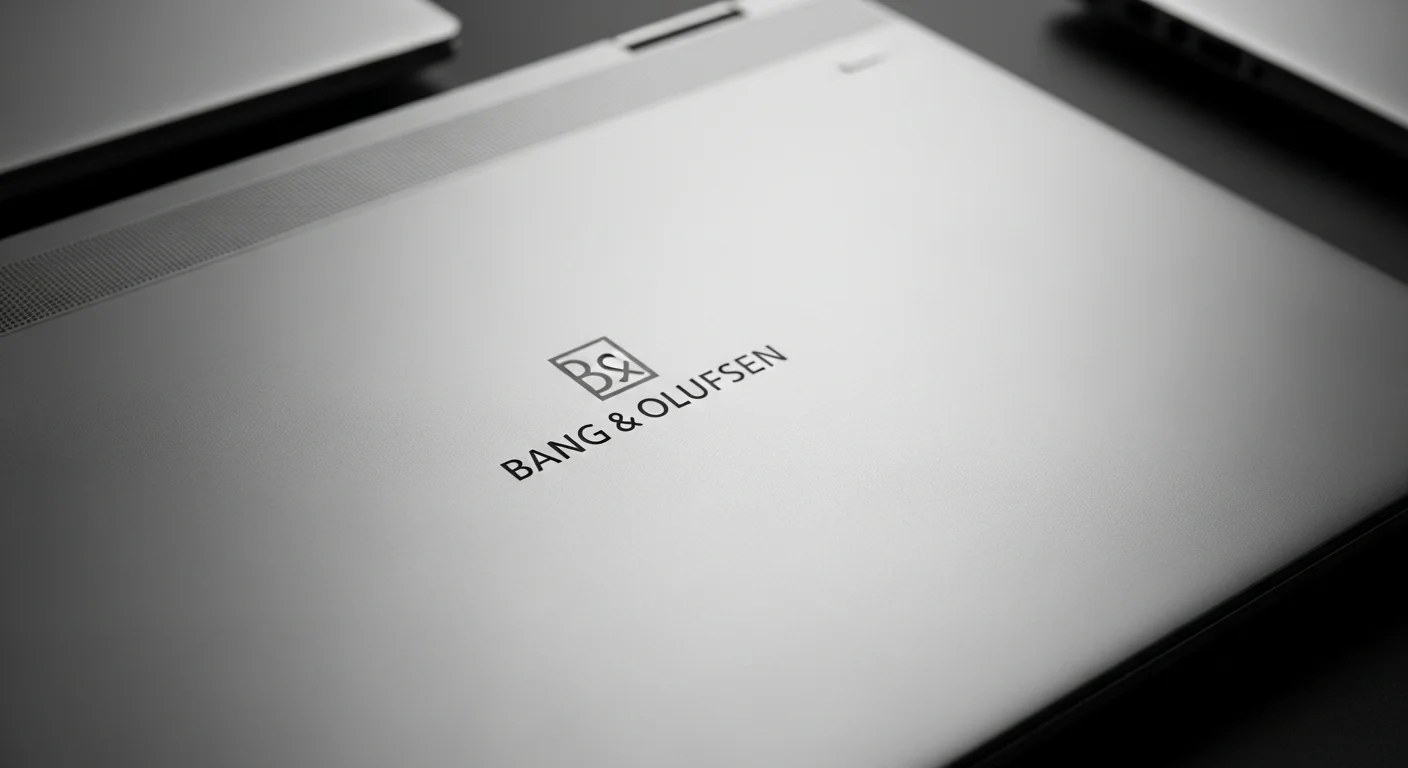 Primer plano del logo de Bang & Olufsen en un laptop HP Pavilion, destacando la colaboración para una experiencia de audio premium en computadoras y tecnología.