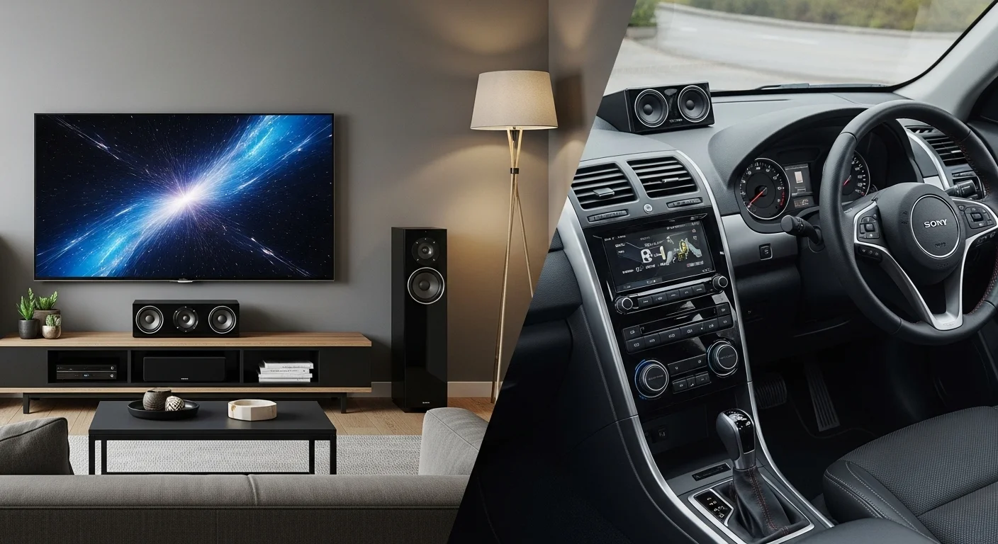 Una imagen compuesta que muestra la sinergia de productos Sony: una sala de estar con un sistema de cine en casa y el interior de un coche con parlantes Sony instalados.