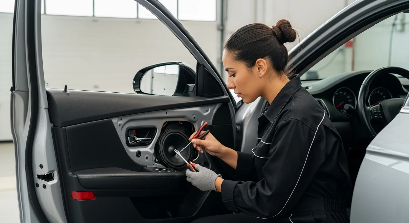 Un técnico experto realizando la instalación de unas bocinas 6.5 para auto en la puerta de un vehículo, destacando la importancia de una correcta instalación.