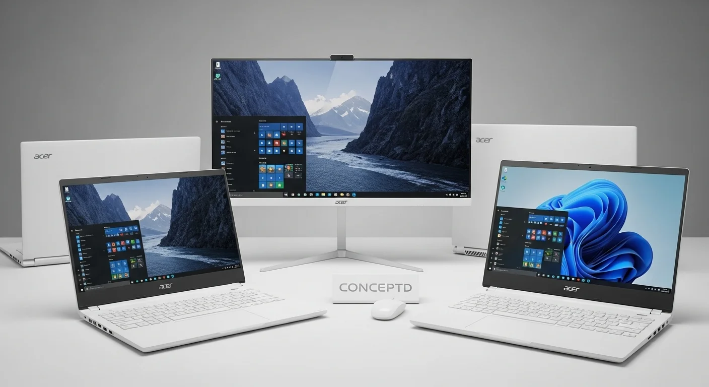 Varias computadoras de la serie Acer Conceptd, incluyendo laptops y un monitor, mostrando el diseño blanco y minimalista de la marca.