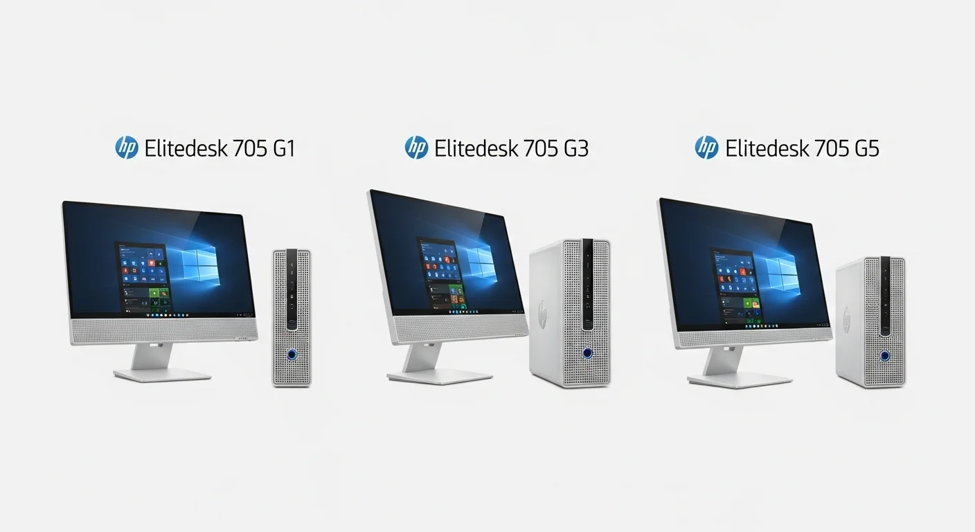 Comparativa de los factores de forma de las computadoras HP Elitedesk 705 G1, G3 y G5 mostrando su evolución en diseño