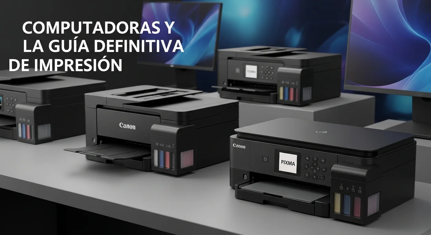 Varios modelos de impresoras Canon Pixma G-Series en exhibición, mostrando sus tanques de tinta integrados, listas para conectar a computadoras.