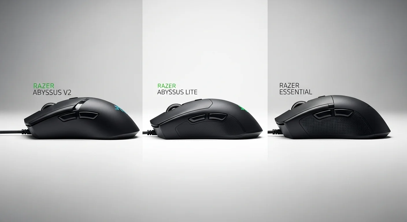 Una imagen comparativa que muestra los modelos Razer Abyssus V2, Razer Abyssus Lite y Razer Abyssus Essential uno al lado del otro, destacando las diferencias en diseño y características.
