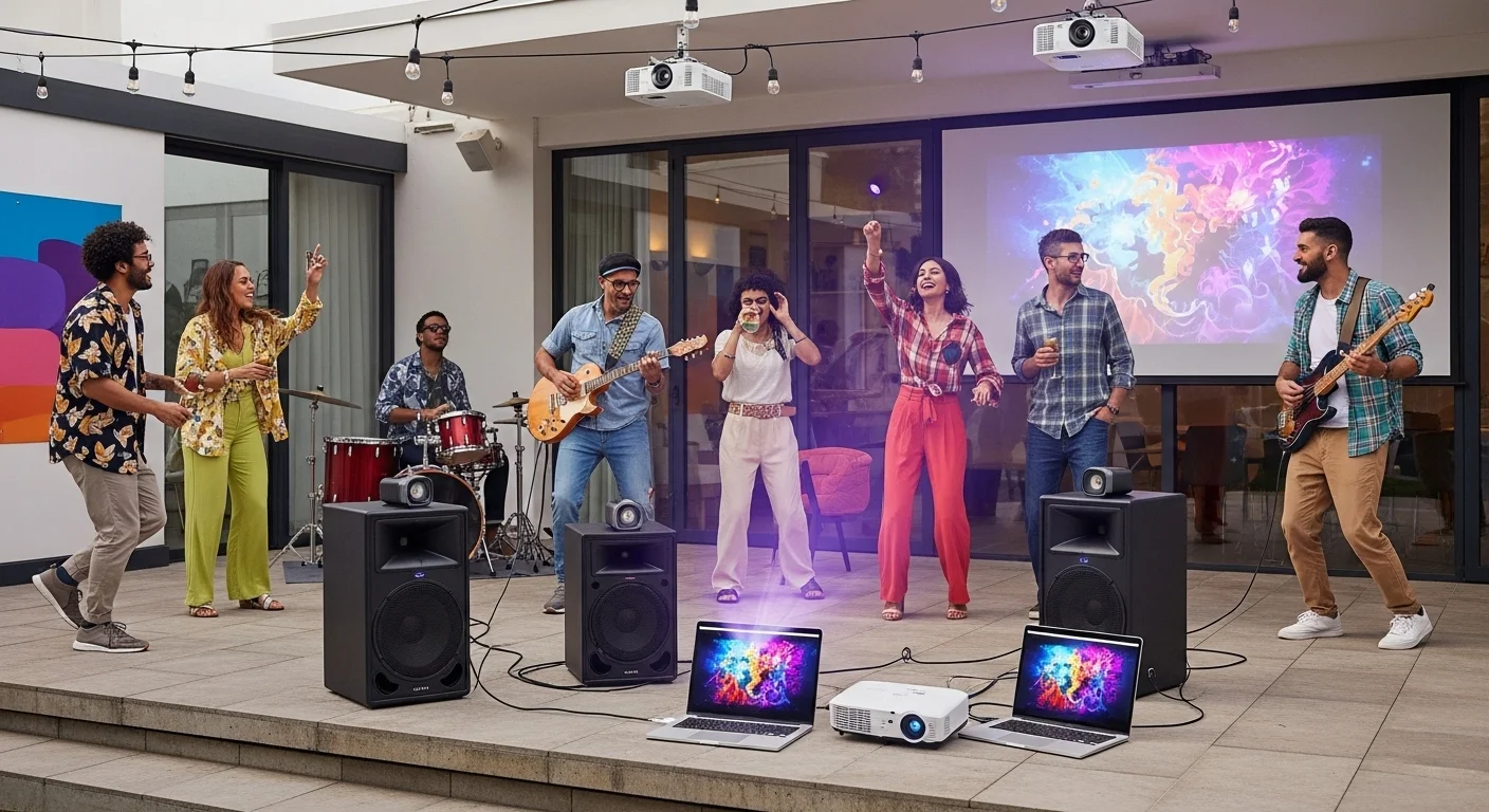 Grupo de personas disfrutando de una fiesta al aire libre con varias bocinas grandes bluetooth conectadas a computadoras y proyectores.