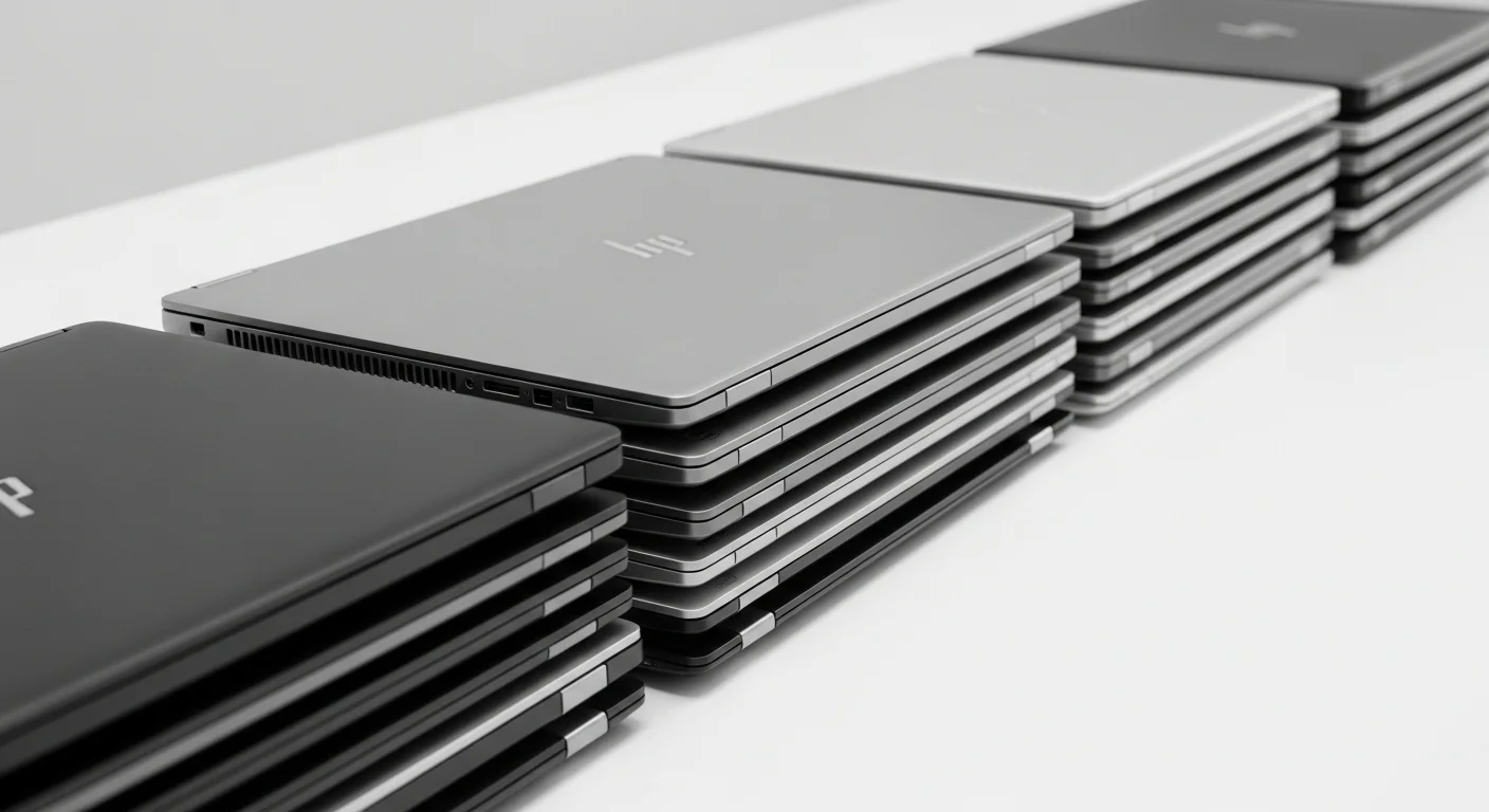 Una fila de varias computadoras portátiles HP 250 cerradas y apiladas, representando un lote de equipos para la venta o renta en un entorno empresarial.