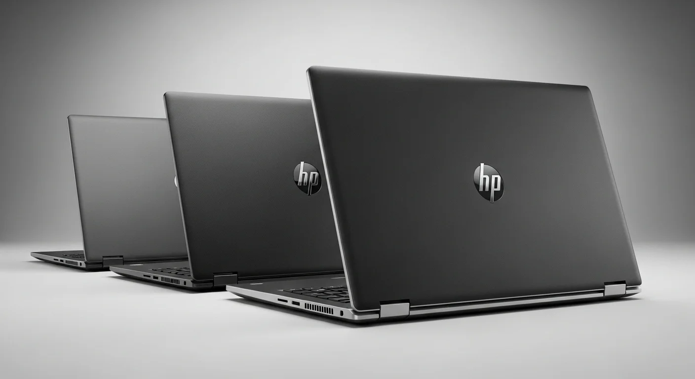Una fila de laptops HP EliteBook cerradas, mostrando su diseño profesional y robusto, ideal para el mercado de computadoras de empresa y renta de equipos.