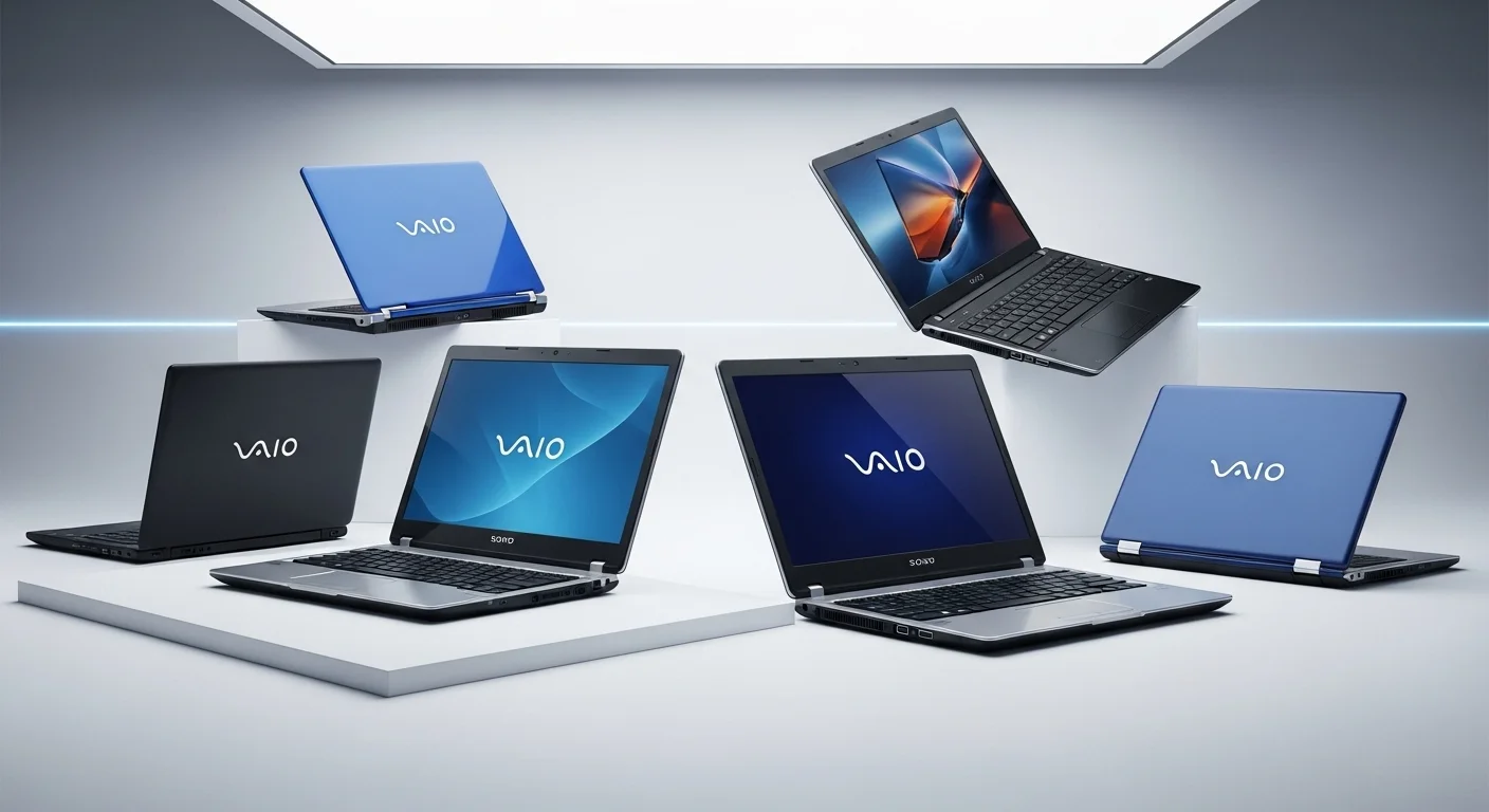 Varias laptops Sony Vaio clásicas de diferentes colores y modelos, mostrando la diversidad y el diseño icónico de la marca.