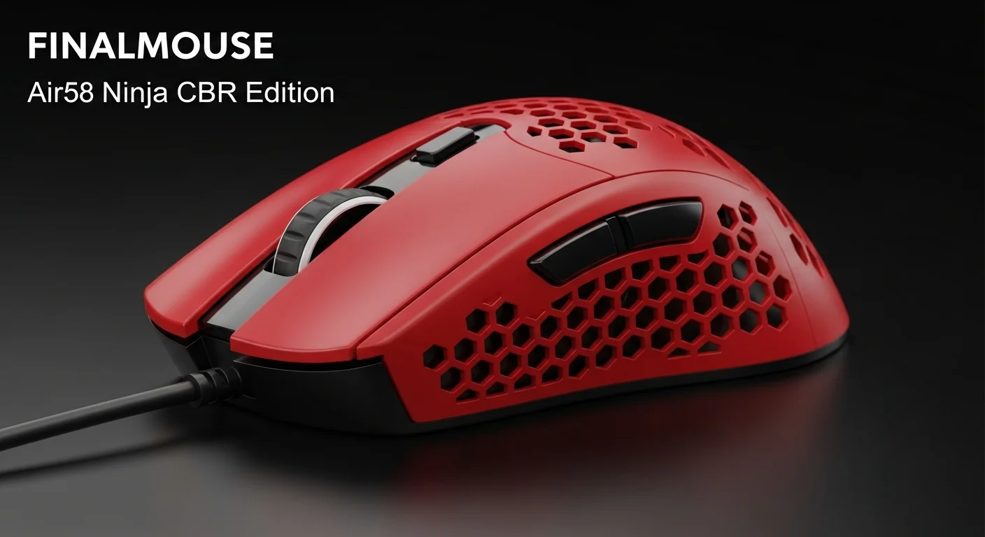 Primer plano del Finalmouse Air58 Ninja CBR Edition, mostrando el icónico color rojo cereza y el patrón de panal.