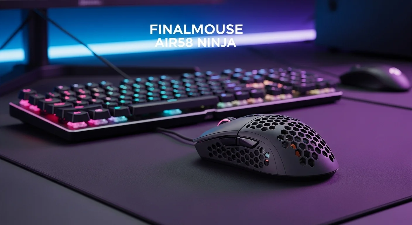 Un setup de gaming profesional con un teclado iluminado y un ratón Finalmouse Air58 Ninja, mostrando su icónico diseño de panal de abejas.