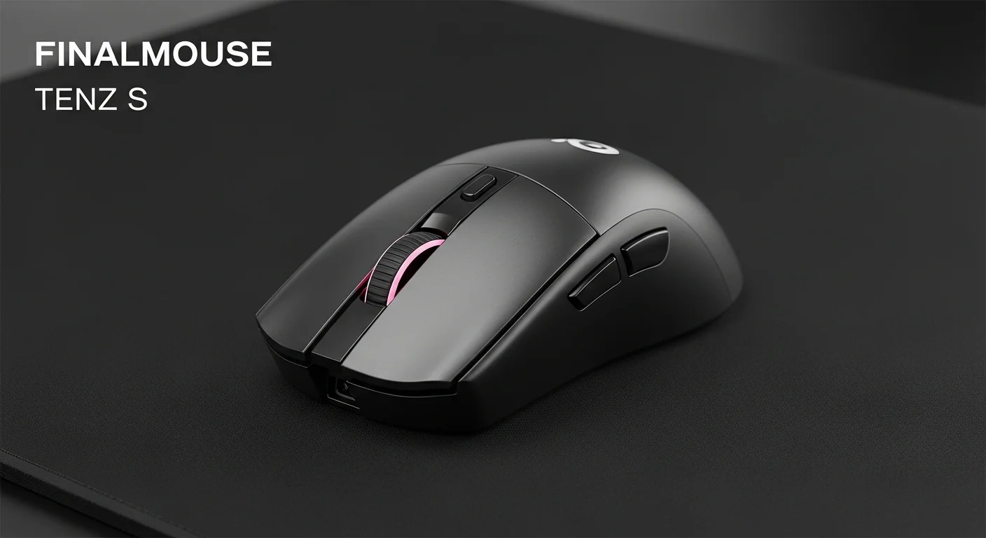 Un primer plano del mouse Finalmouse Tenz S, destacando su chasis de magnesio y su diseño minimalista sobre una alfombrilla de alta tecnología.