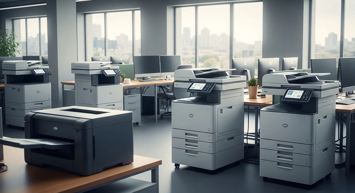 Varias impresoras de toner en una oficina moderna, mostrando equipos de impresión para computadoras en un entorno profesional.